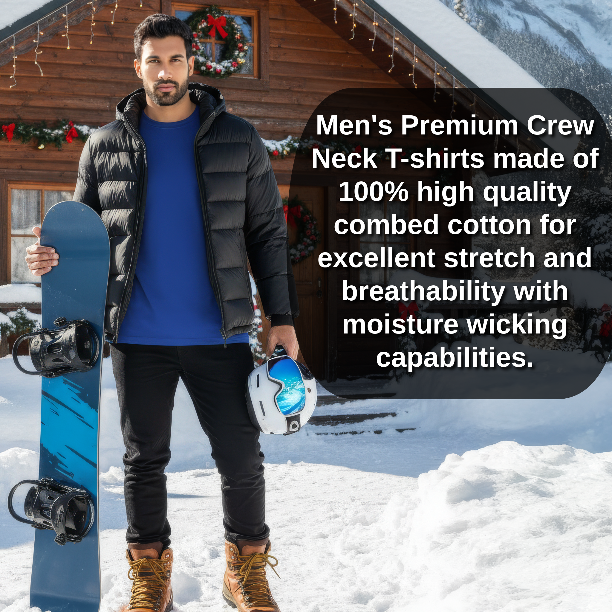Wichales Men’s 100% combed cotton crew neck T-shirt in Royal Blue being worn as a base layer under jacket of male model getting ready to go snowboarding.